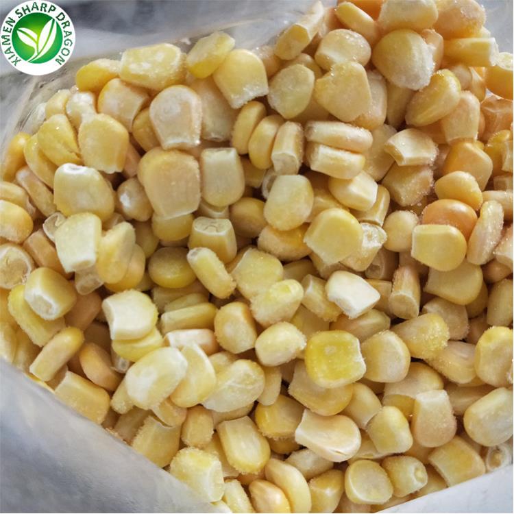 Frozen yellow sweet corn kernels with light surface frost